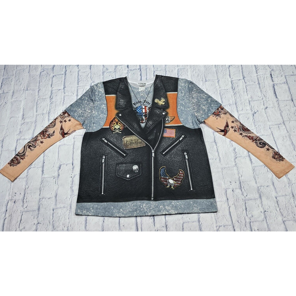 Faux Real Brand MENS XL Vintage Motorcycle Fake Tattoo Sleeve Biker Shirt